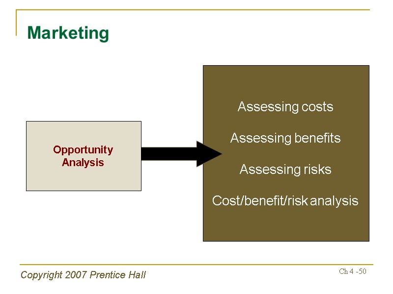 Copyright 2007 Prentice Hall Ch 4 -50 Assessing costs  Assessing benefits  Assessing